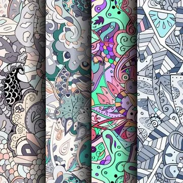 Set of tracery colorful seamless patterns. Stock Illustration