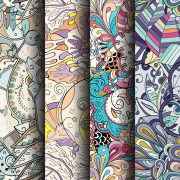 Set of tracery colorful seamless patterns. Stock Illustration