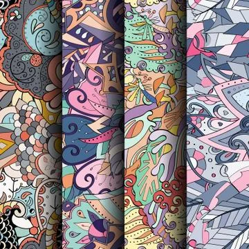 Set of tracery colorful seamless patterns. Stock Illustration