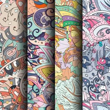 Set of tracery colorful seamless patterns. Stock Illustration