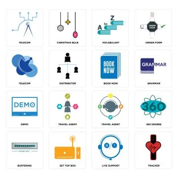 Set of tracker, live support, buffering, travel agent, demo, book now, teleco Free Stock Illustration