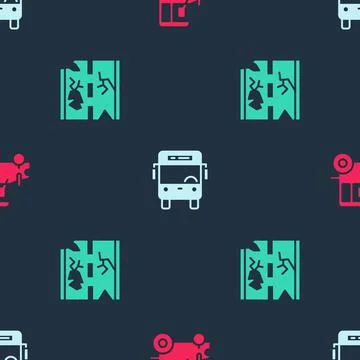 Set Tractor, Bus and Broken road on seamless pattern. Vector Stock Illustration