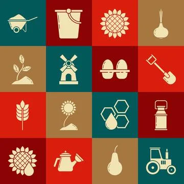 Set Tractor, Can container for milk, Shovel, Sunflower, Windmill, Sprout Illustration