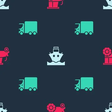 Set Tractor, Cargo ship and Delivery cargo truck on seamless pattern. Vector Stock Illustration
