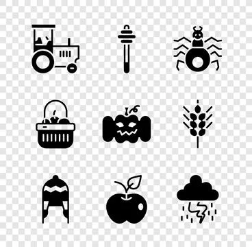 Set Tractor, Honey dipper stick, Spider, Winter hat, Apple, Storm, Basket a.. Stock Illustration