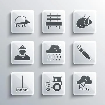 Set Tractor, Kite, Umbrella, Cloud with rain, Garden rake, Autumn clothes Stockillustratie