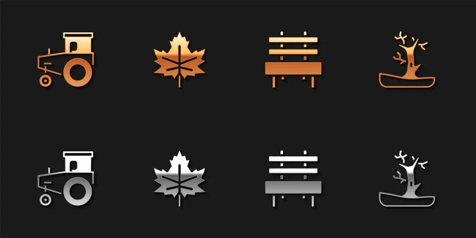 Set Tractor, Leaf leaves, Bench and Bare tree icon. Vector Illustrazione stock