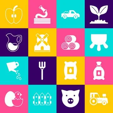 Set Tractor, Pack full of seeds of plant, Udder, Pickup truck, Windmill, Jug Stock Illustration