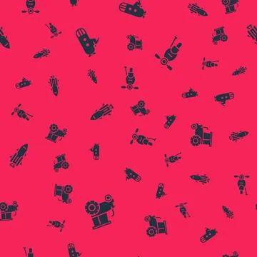 Set Tractor, Submarine, Rocket ship with fire and Scooter on seamless pattern Stock Illustration