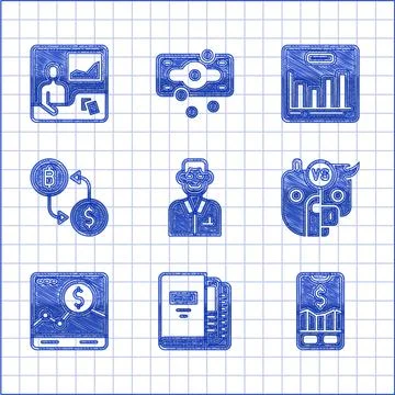 Set Trader, Office folders, Mobile stock trading, Bull and bear of market, We Illustrazione stock