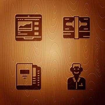 Set Trader, Trading courses, Office folders and Stacks paper money cash on Stock Illustration