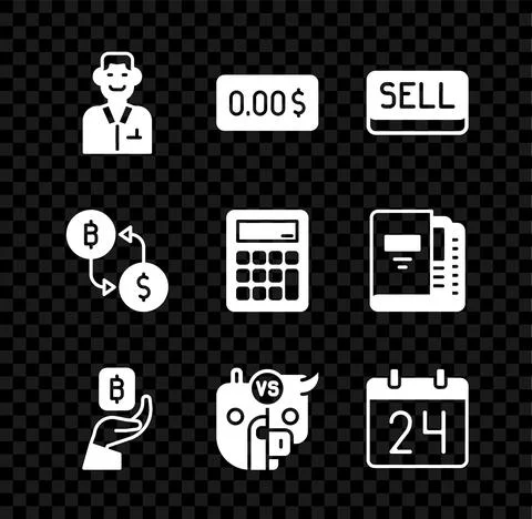 Set Trader, Zero cost, Sell button, Hand holding Bitcoin, Bull bear of stock Stock Illustration