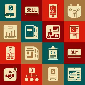 Set Trading courses, Buy button, ATM and money, Mobile stock trading, Offic.. Stock Illustration