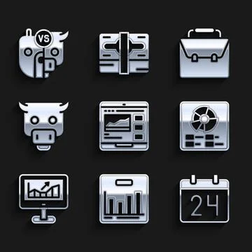 Set Trading courses, Pie chart infographic, Calendar, Computer with growth, Bull Stock-Illustration