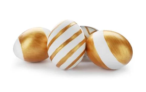 Set of traditional Easter eggs decorated with golden paint on white backgroun Stock Photos