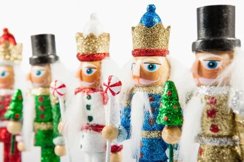 Set of traditional figurines christmas nutcrackers wearing an old military style Stock Photos