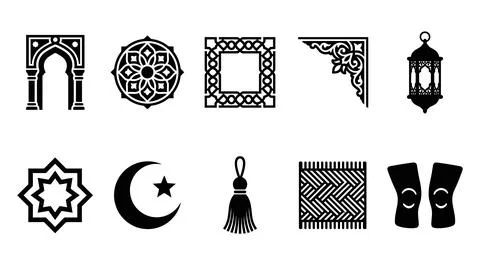 Set of traditional islamic architectural elements and prayer accessories. 库存插图