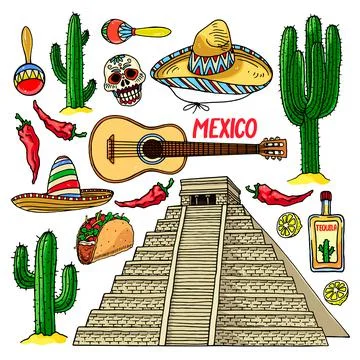 Set of traditional Mexican items 库存插图
