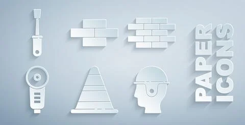Set Traffic cone, Bricks, Angle grinder, Worker safety helmet, and Screwdriver Stock Illustration