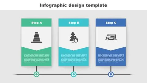 Set Traffic cone, Burning forest tree and Fire truck. Business infographic Stock Illustration