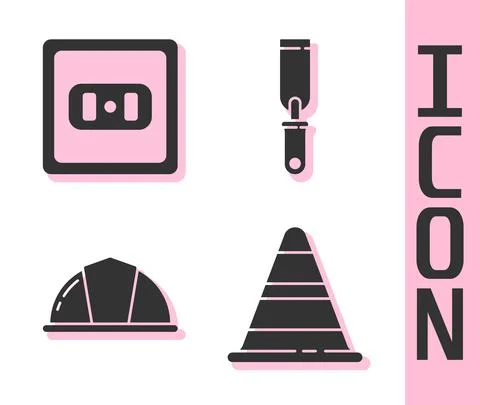 Set Traffic cone, Electrical outlet, Worker safety helmet and Rasp metal file Illustration