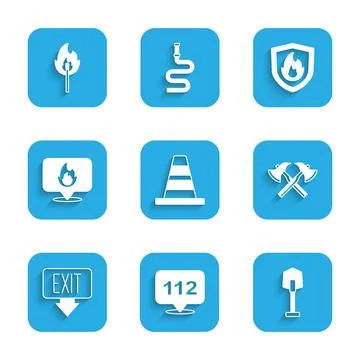 Set Traffic cone, Emergency call, Fire shovel, Firefighter axe, exit, Location Illustration