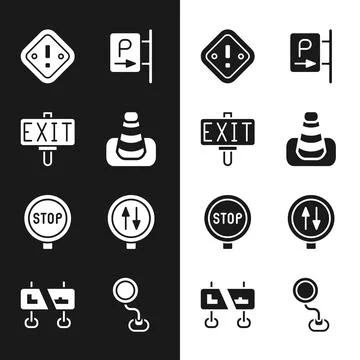 Set Traffic cone, Fire exit, Exclamation mark in triangle, Parking, Stop sign Stock Illustration