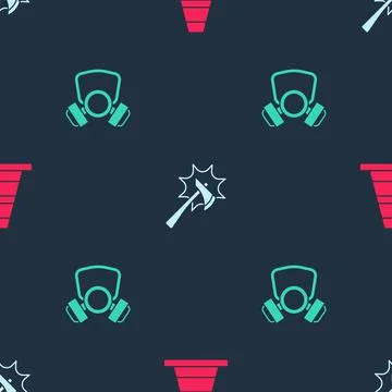 Set Traffic cone, Firefighter axe and Gas mask on seamless pattern. Vector Illustration