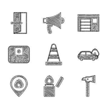 Set Traffic cone, Lighter, Firefighter axe, Burning car, Location with fire Illustration