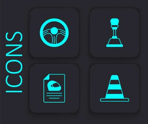 Set Traffic cone, Racing steering wheel, Gear shifter and helmet icon. Black Stock Illustration