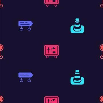 Set Traffic cone, Road traffic sign, and on seamless pattern. Vector Stock Illustration