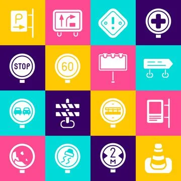 Set Traffic cone, Road traffic sign, Exclamation mark in triangle, Speed limit Stock Illustration