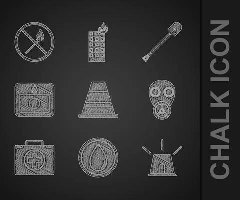 Set Traffic cone, Water drop, Flasher siren, Gas mask, First aid kit, Fire alarm Illustration
