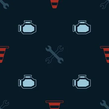 Set Traffic cone, Wrench spanner and Check engine on seamless pattern. Vector Illustrazione stock