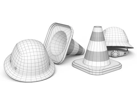 Set of traffic cones for under construction and helmet on white background Stock Illustration