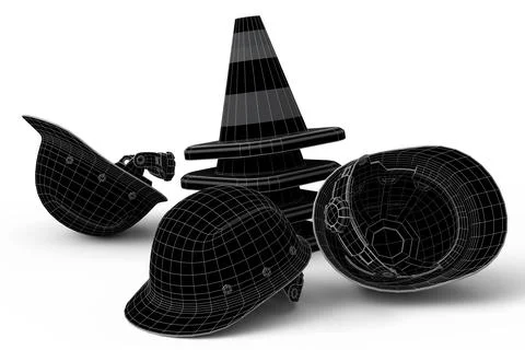 Set of traffic cones for under construction and helmet on white background Stock Illustration