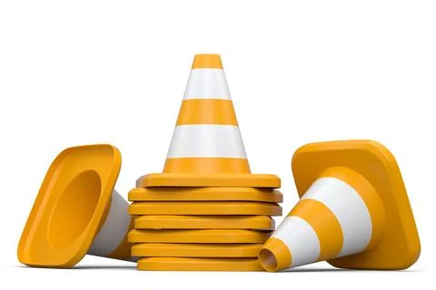Set of traffic cones for under construction road work on white background. Stock Illustration