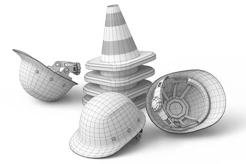 Set of traffic cones for under construction and helmet on white background Stock Illustration