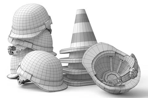 Set of traffic cones for under construction and helmet on white background Stockillustratie