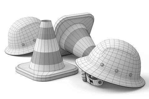 Set of traffic cones for under construction and helmet on white background 库存插图