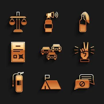 Set Traffic jam, Protest camp, Speech bubble chat, Hand showing two finger, Fire Stock Illustration