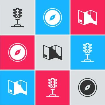 Set Traffic light, Compass and Folded map icon. Vector 스톡 일러스트