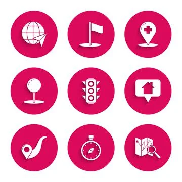 Set Traffic light, Compass, Folded map with location marker, Map pointer house 스톡 일러스트