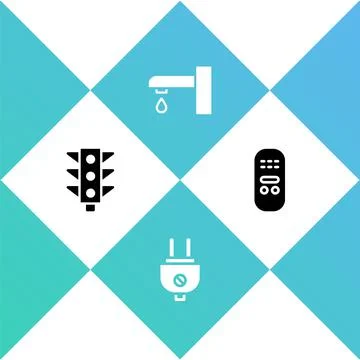 Set Traffic light, Electric plug, Water tap and Remote control icon. Vector Illustration