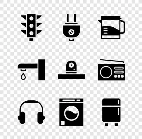 Set Traffic light, Electric plug, kettle, Headphones, Washer, Refrigerator Illustration