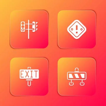 Set Traffic light, Exclamation mark in triangle, Fire exit and Road barrier icon Stock Illustration