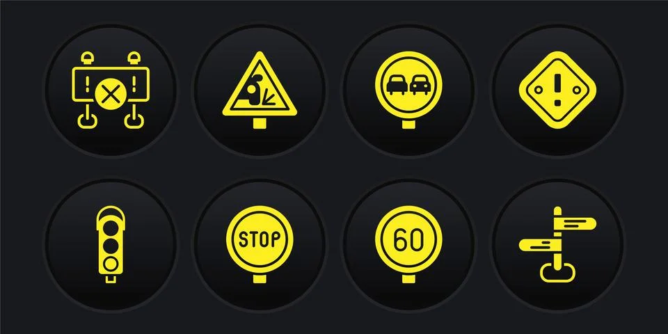 Set Traffic light, Exclamation mark in triangle, Stop sign, Speed limit traffic Stock Illustration