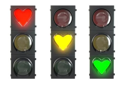 Set of traffic light with heart shaped red, yellow and green lam Stock Illustration