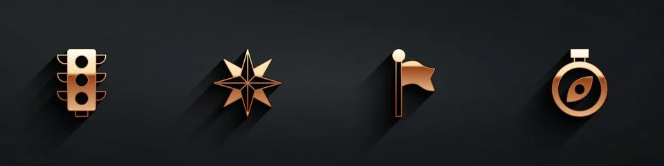 Set Traffic light, Wind rose, Location marker and Compass icon with long shadow Stock Illustration