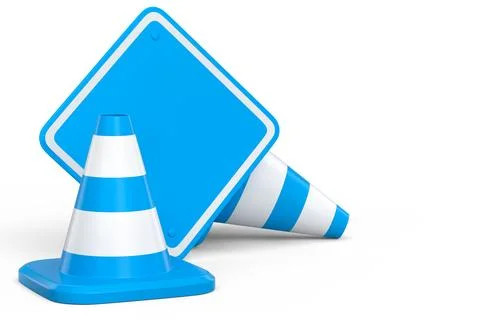 Set of traffic road cones and sign for under construction road work on white Stock Illustration